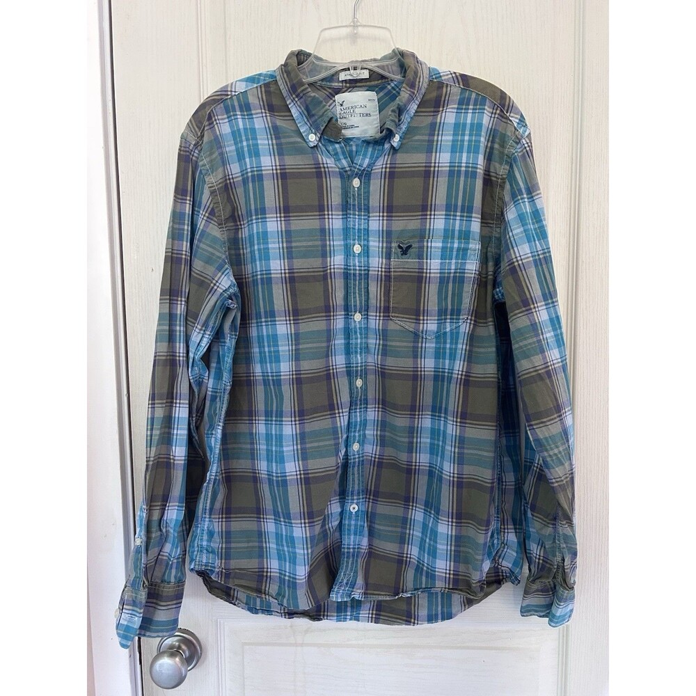 American Eagle Outfitters Men's Large Athletic Fit Plaid Button Down Shirt